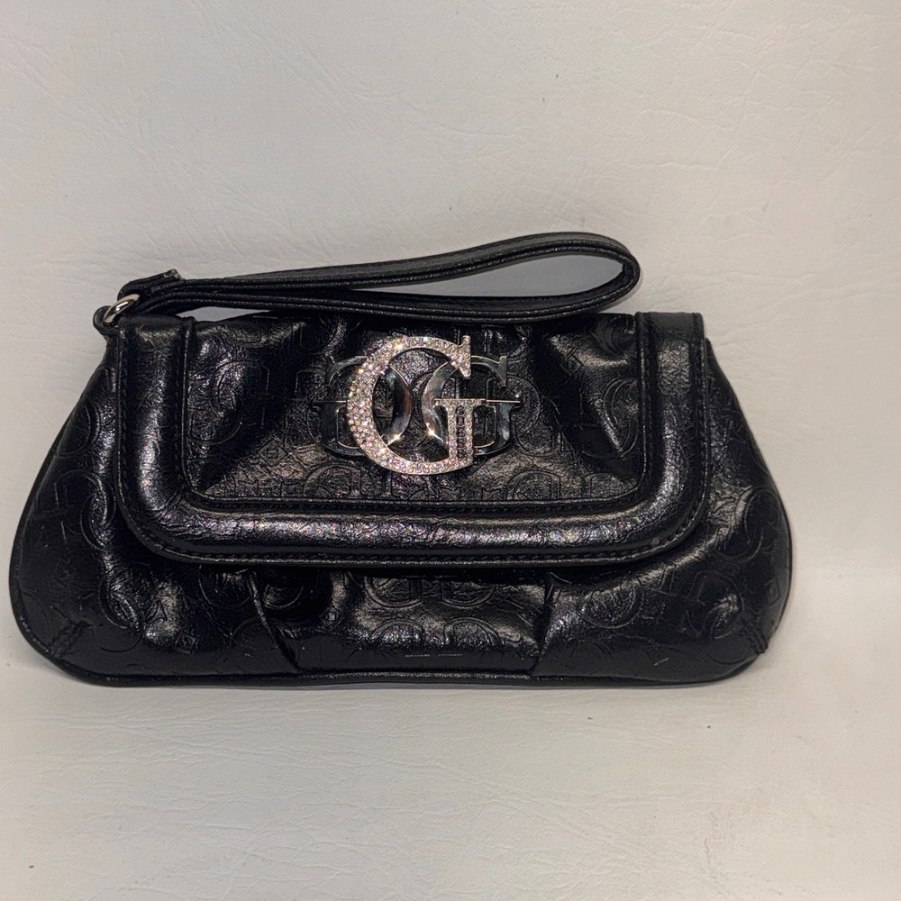 Guess Wristlet Clutch Womens Small Black Embossed Logo Rhinestone Y2K Glam Chic